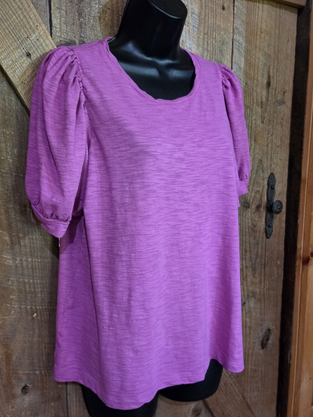 Chico's Prairie Puff Sleeve Tee Magenta Pink Slub Knit Top Womens Size 2 Large